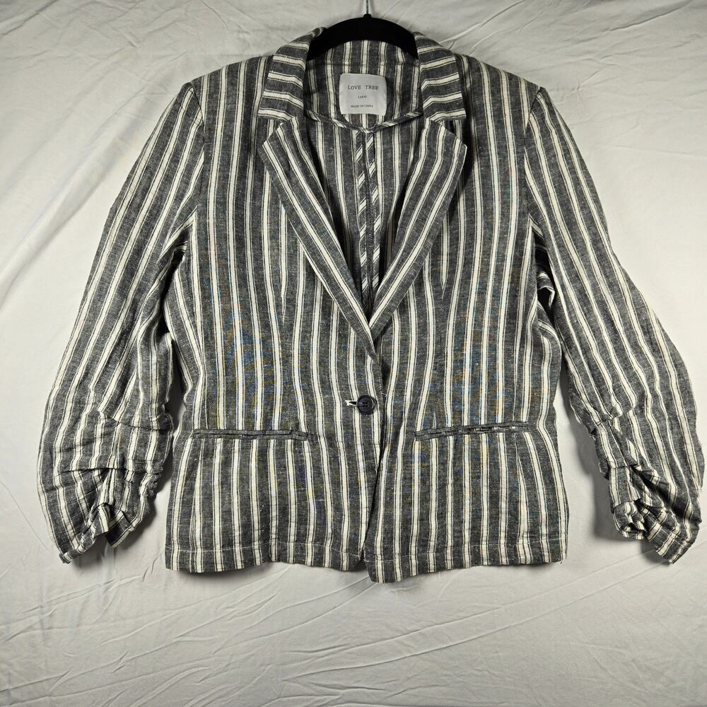 Love Tree Linen Blazer Large Cropped Striped Ruched Sleeves Art Teacher Eclectic